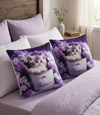Pernuțe decorative - Set 2 Pernute Decorative 3D 45x45cm Din Catifea + Microfibra - Pisicute Persane In Cos Cu Lavanda