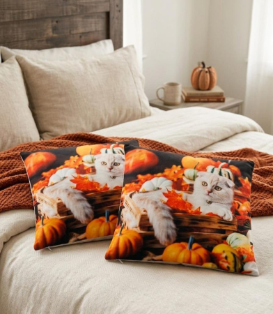 Pernuțe decorative - Set 2 Pernute Decorative 3D 45x45cm Din Catifea + Microfibra - Pisicute Scottish Fold De Halloween Cu Dovleci