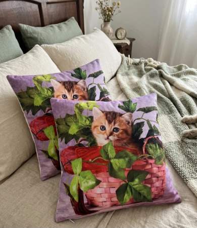 Pernuțe decorative - Set 2 Pernute Decorative 3D 45x45cm Din Catifea + Microfibra - Pui De British Shorthair In Cosulet