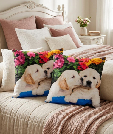 Pernuțe decorative - Set 2 Pernute Decorative 3D 45x45cm Din Catifea + Microfibra - Pui De Catei Golden Retriever