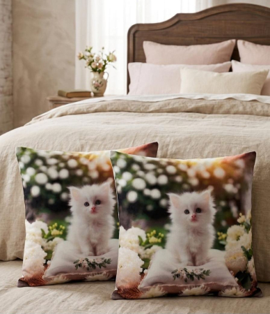 Pernuțe decorative - Set 2 Pernute Decorative 3D 45x45cm Din Catifea + Microfibra - Pui De Pisica Angora Turcească
