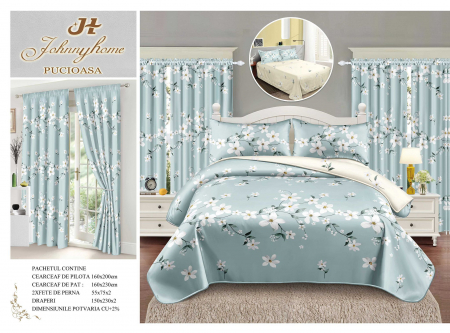 Set Lenjerie + Draperii 1 Persoana - Set Lenjerie Si Draperii Bumbac Tip Finet 1 Persoana - Azur Floral