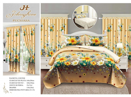 Set Lenjerie + Draperii 1 Persoana - Set Lenjerie Si Draperii Bumbac Tip Finet 1 Persoana - Gradina Florala