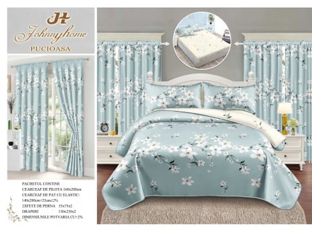 Cearceaf cu elastic - Set Lenjerie Si Draperii Bumbac Tip Finet 1 Persoana Cu Elastic - Azur Floral