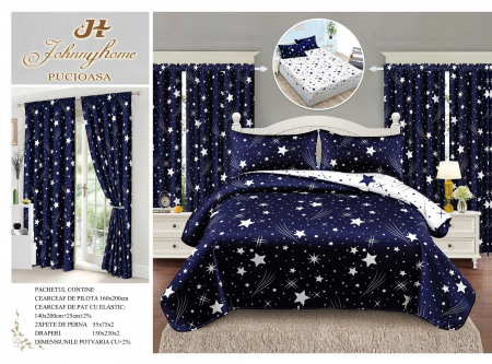 Cearceaf cu elastic - Set Lenjerie Si Draperii Bumbac Tip Finet 1 Persoana Cu Elastic - Bleumarin Cu Stele