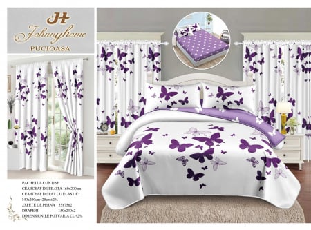 Cearceaf cu elastic - Set Lenjerie Si Draperii Bumbac Tip Finet 1 Persoana Cu Elastic - Fluturi Mov