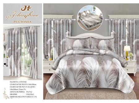 Cearceaf cu elastic - Set Lenjerie Si Draperii Bumbac Tip Finet 1 Persoana Cu Elastic - Gri Cu Pene