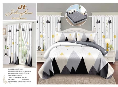 Cearceaf cu elastic - Set Lenjerie Si Draperii Bumbac Tip Finet 1 Persoana Cu Elastic - Triunghiuri Alb Si Gri