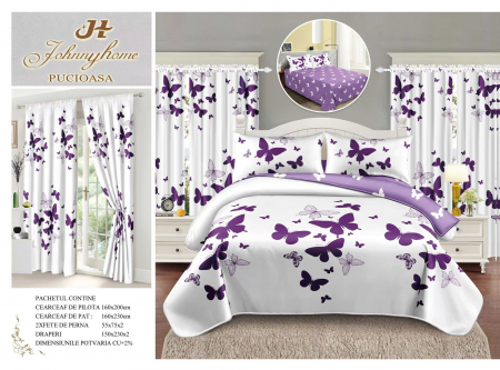Set Lenjerie + Draperii 1 Persoana - Set Lenjerie Si Draperii Bumbac Tip Finet 1 Persoana - Fluturasi Mov