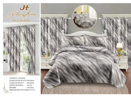 DRAPERII - Set Lenjerie Si Draperii Bumbac Tip Finet 1 Persoana - Gri Abstract