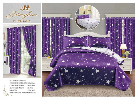 Set Lenjerie + Draperii 1 Persoana - Set Lenjerie Si Draperii Bumbac Tip Finet 1 Persoana - Mov Stelar