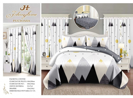 Set Lenjerie + Draperii 1 Persoana - Set Lenjerie Si Draperii Bumbac Tip Finet 1 Persoana - Triunghiur Alb Si Gri