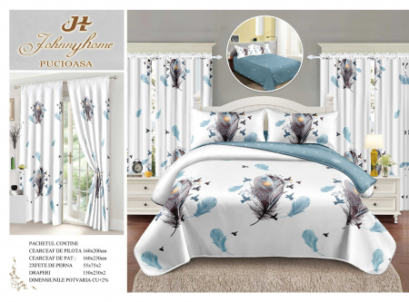 Set Lenjerie + Draperii 1 Persoana - Set Lenjerie Si Draperii Bumbac Tip Finet 1 Persoana - Turcoaz Cu Pene