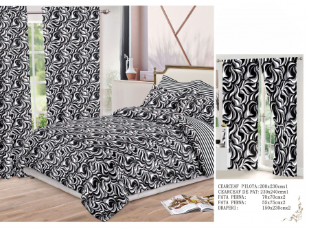 Set Lenjerie + Draperii Pat Dublu - Set Lenjerie Si Draperii  Bumbac Tip Finet - Abstract