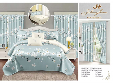 Set Lenjerie + Draperii Pat Dublu - Set Lenjerie Si Draperii  Bumbac Tip Finet - Azur Floral
