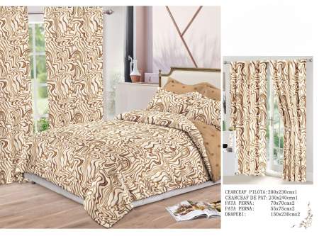 Set Lenjerie + Draperii Pat Dublu - Set Lenjerie Si Draperii  Bumbac Tip Finet - Bej Abstract