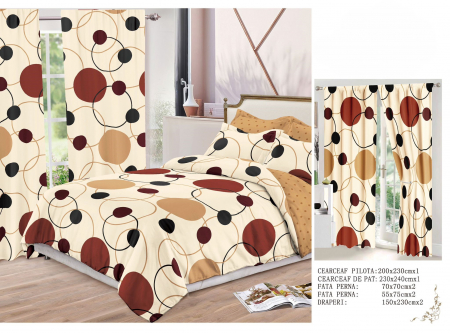 Set Lenjerie + Draperii Pat Dublu - Set Lenjerie Si Draperii  Bumbac Tip Finet - Bej Cercuri