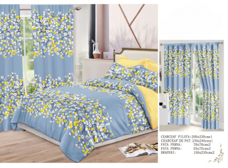 Set Lenjerie + Draperii Pat Dublu - Set Lenjerie Si Draperii  Bumbac Tip Finet - Bleu Cu Floricele Mici
