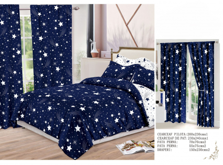 Set Lenjerie + Draperii Pat Dublu - Set Lenjerie Si Draperii  Bumbac Tip Finet - Bleumarin Stelar