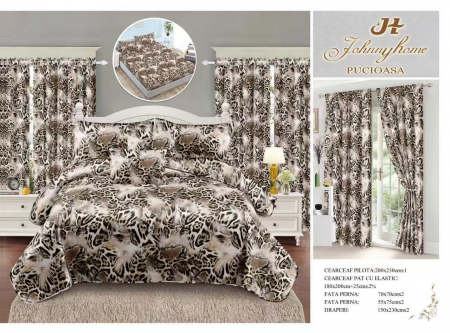 Set Lenjerie + Draperii Pat Dublu - Set Lenjerie Si Draperii Bumbac Tip Finet Cu Elastic - Animal Print