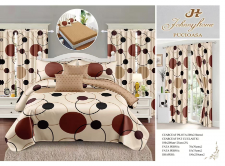 Set Lenjerie + Draperii Pat Dublu - Set Lenjerie Si Draperii Bumbac Tip Finet Cu Elastic - Bej Cercuri