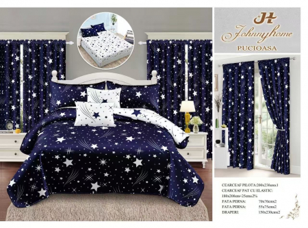 Set Lenjerie + Draperii Pat Dublu - Set Lenjerie Si Draperii Bumbac Tip Finet Cu Elastic - Bleumarin Stelar