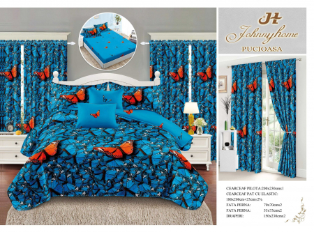 Set Lenjerie + Draperii Pat Dublu - Set Lenjerie Si Draperii Bumbac Tip Finet - Dansul Fluturilor