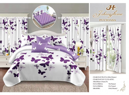 Set Lenjerie + Draperii Pat Dublu - Set Lenjerie Si Draperii Bumbac Tip Finet Cu Elastic - Fluturi Mov