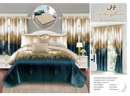 Set Lenjerie + Draperii Pat Dublu - Set Lenjerie Si Draperii Bumbac Tip Finet Cu Elastic - Degrade Albastru Auriu