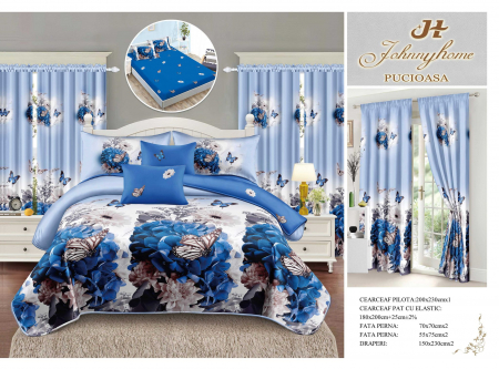 Set Lenjerie + Draperii Pat Dublu - Set Lenjerie Si Draperii Bumbac Tip Finet Cu Elastic - Flori Si Fluturi