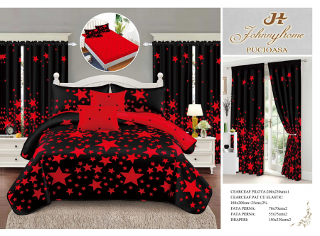 Set Lenjerie + Draperii Pat Dublu - Set Lenjerie Si Draperii Bumbac Tip Finet Cu Elastic - Negru Stelar