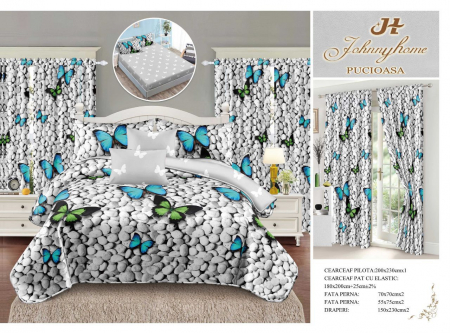 Set Lenjerie + Draperii Pat Dublu - Set Lenjerie Si Draperii Bumbac Tip Finet Cu Elastic - Pietre Si Fluturi