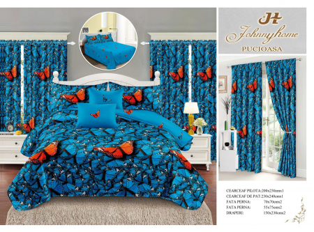 Set Lenjerie + Draperii Pat Dublu - Set Lenjerie Si Draperii  Bumbac Tip Finet - Dansul Fluturilor