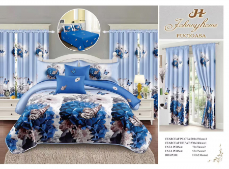 Set Lenjerie + Draperii Pat Dublu - Set Lenjerie Si Draperii  Bumbac Tip Finet - Flori Si Fluturi