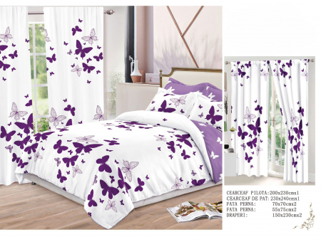 Set Lenjerie + Draperii Pat Dublu - Set Lenjerie Si Draperii  Bumbac Tip Finet - Fluturi Mov
