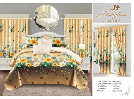 Set Lenjerie + Draperii Pat Dublu - Set Lenjerie Si Draperii  Bumbac Tip Finet - Gradina Florala