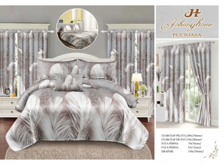 Cearceaf normal - Set Lenjerie Si Draperii  Bumbac Tip Finet - Gri Cu Pene