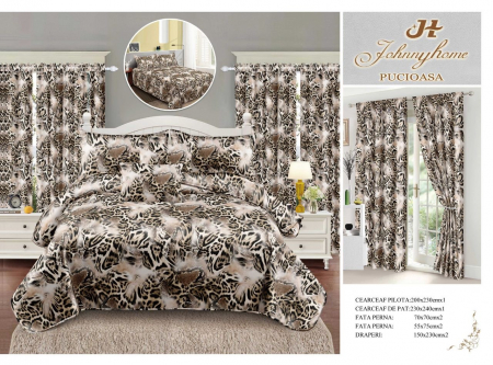 Set Lenjerie + Draperii Pat Dublu - Set Lenjerie Si Draperii  Bumbac Tip Finet - Animal Print