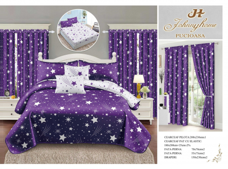 Set Lenjerie + Draperii Pat Dublu - Set Lenjerie Si Draperii  Bumbac Tip Finet Cu Elastic - Mov Stelar