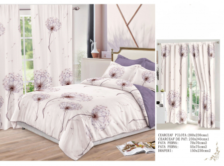 Set Lenjerie + Draperii Pat Dublu - Set Lenjerie Si Draperii  Bumbac Tip Finet - Lila Papadie