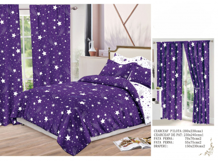 Set Lenjerie Si Draperii  Bumbac Tip Finet - Mov Stelar [1]