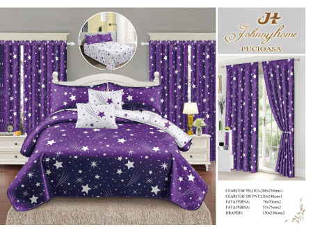 Set Lenjerie + Draperii Pat Dublu - Set Lenjerie Si Draperii  Bumbac Tip Finet - Mov Stelar