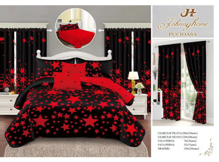 Set Lenjerie + Draperii Pat Dublu - Set Lenjerie Si Draperii  Bumbac Tip Finet - Negru Stelar