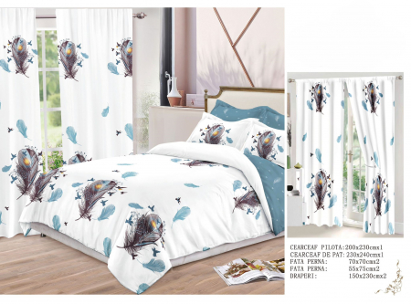 Set Lenjerie + Draperii Pat Dublu - Set Lenjerie Si Draperii  Bumbac Tip Finet - Pene Si Pasarele