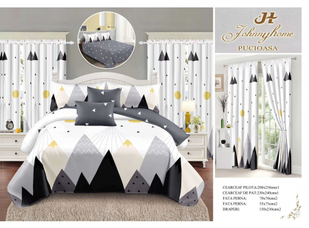Cearceaf normal - Set Lenjerie Si Draperii  Bumbac Tip Finet - Triunghiuri Alb Si Gri