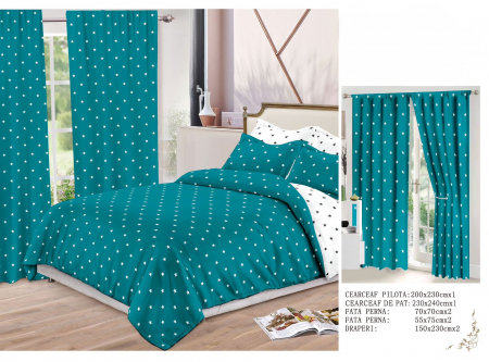 Set Lenjerie + Draperii Pat Dublu - Set Lenjerie Si Draperii  Bumbac Tip Finet - Turquoise Stelar