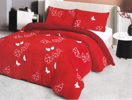 PĂTURI - Set Patura Cocolino Cu Blanita si Fete De Perna - Rosu Cu Fluturi