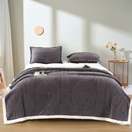 Paturi Cocolino Cu Blanita - Set Patura Cocolino cu Blanita si Fete de Perna Model in Relief - Gri Cenusiu