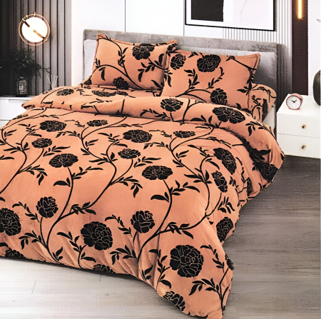 PĂTURI - Set Patura Cocolino Cu Blanita si Fete De Perna - Bej cu Flori Negre