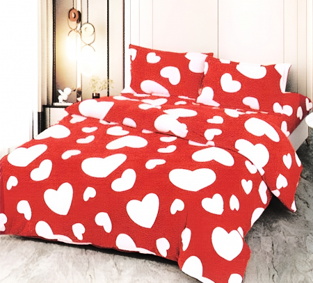 PĂTURI - Set Patura Cocolino Cu Blanita si Fete De Perna - Rosie Cu Inimioare Albe